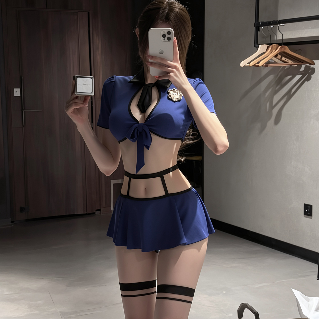 Navy Blue College-Style Two-Piece Costume Set with Tie Top and Pleated Mini Skirt — detail image 2