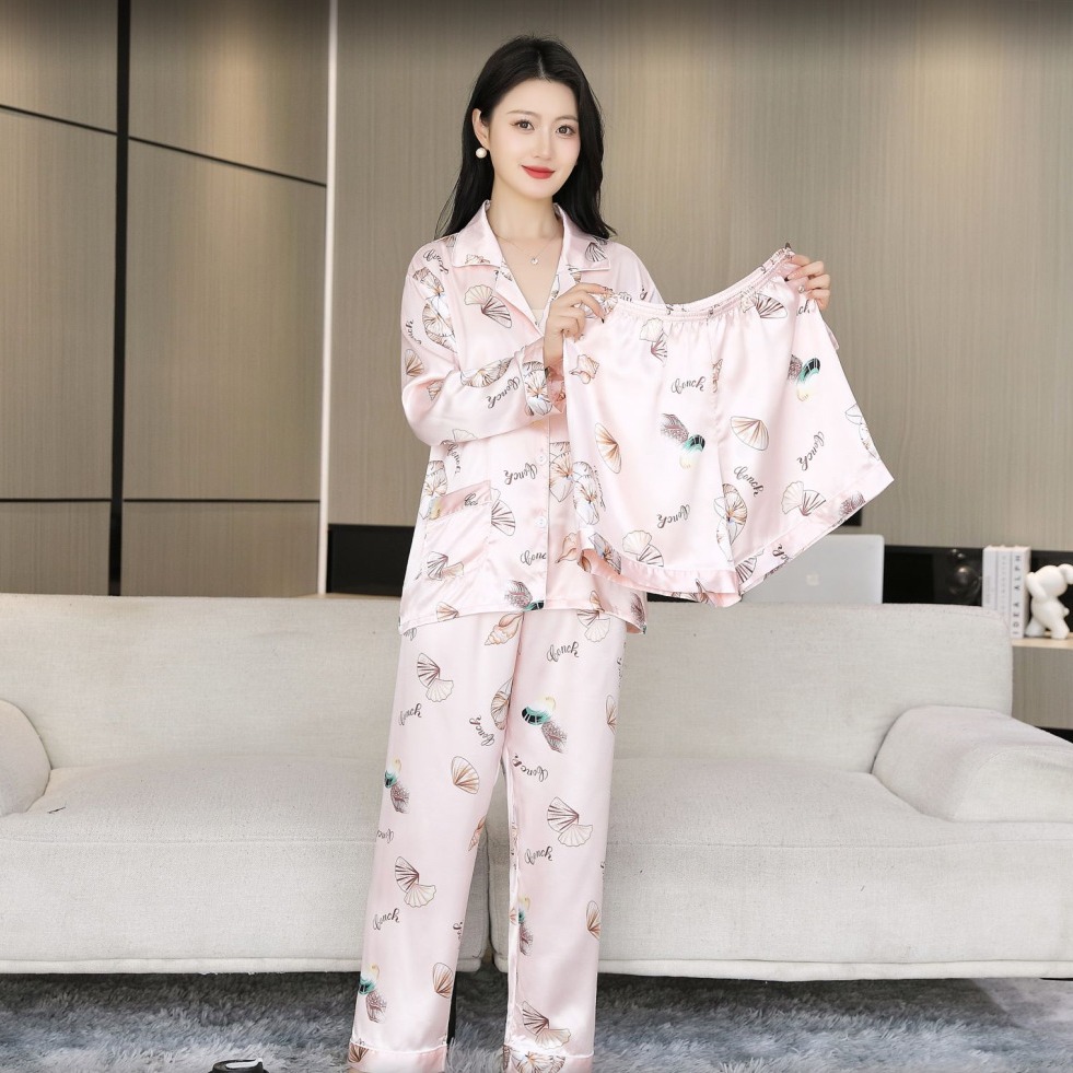 2025 nuevo estilo pijama mujer verano hielo seda fina solapa pantalones de manga corta traje de tres piezas se puede usar en el exterior