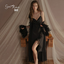 瑰若性感荡领缎面斜开叉荷叶边吊带睡裙网纱羽毛袖外袍家居服4459