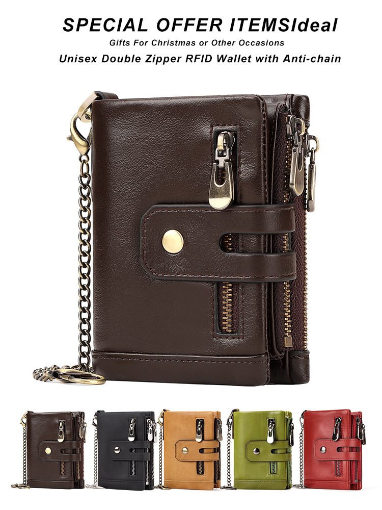 Cartera corta de cuero genuino para comercio exterior, con protección RFID antirrobo, piel de vacuno de primera capa, ranuras múltiples para tarjetas, tarjetero, triple pliegue, múltiples cremalleras, bolsillo para monedas