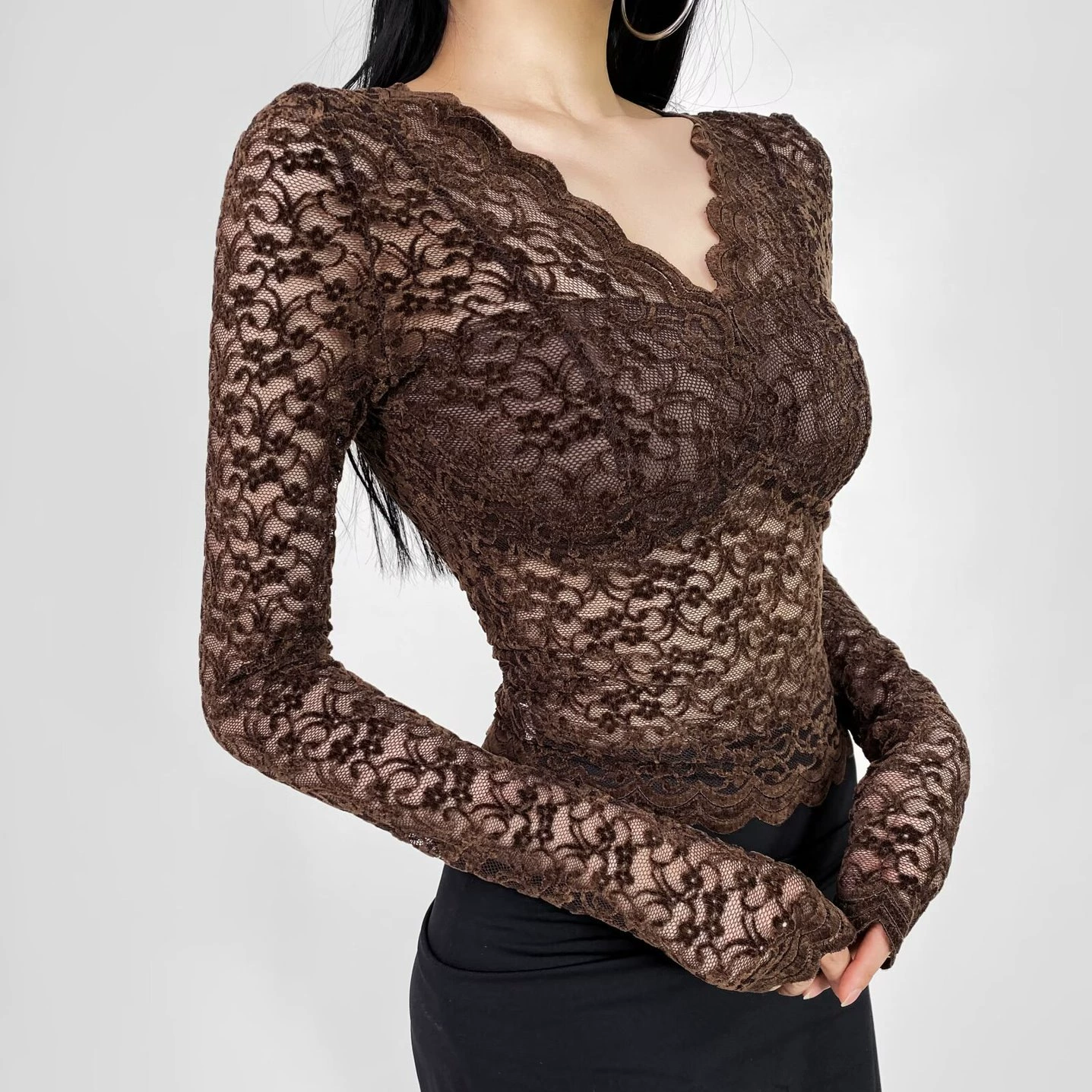 Длинный кружевной топ с бархатом и шифоном (женский), V-образный вырез, полупрозрачный