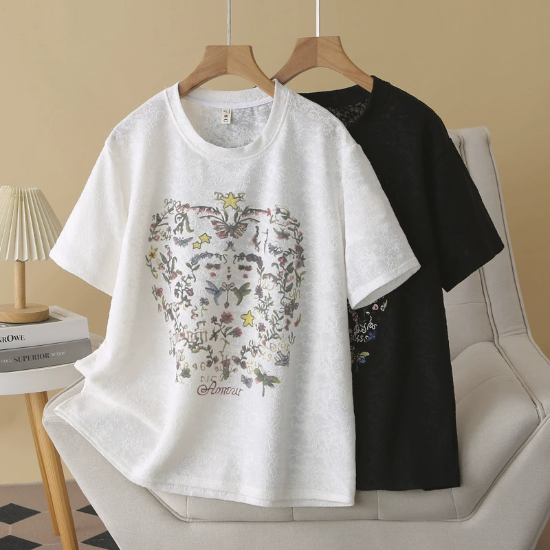 2025 новая летняя жаккардовая кружевная футболка с короткими рукавами больших размеров, женская модная футболка с принтом, нишевый топ для полных девушек 673