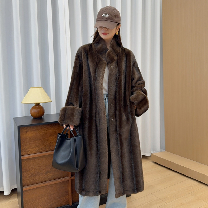 Stand Collar Vertical Chinchilla Fur Coat, Autumn and Winter Commuting Solid Color Outerwear, Loose Fit, Drop Shoulder, Lazy Style Plush Coat Stand Collar Vertical Chinchilla Fur Coat, Autumn and Winter Commuting Solid Color Outerwear, Loose Fit, Drop Shoulder, Lazy Style Plush Coat