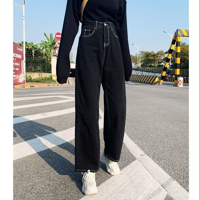 ハイウエストの黒いゆったりとした広脚ジーンズの女性春秋服は2020年に新型の垂れ下がった感じが現れます。|undefined