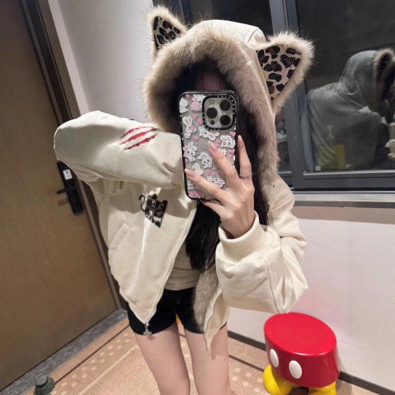 American Retro Cute Leopard Print Ear Fur Collar Cotton Jacket for Women, Winter Fleece-Lined Thickened Warm Loose Jacket Trendy