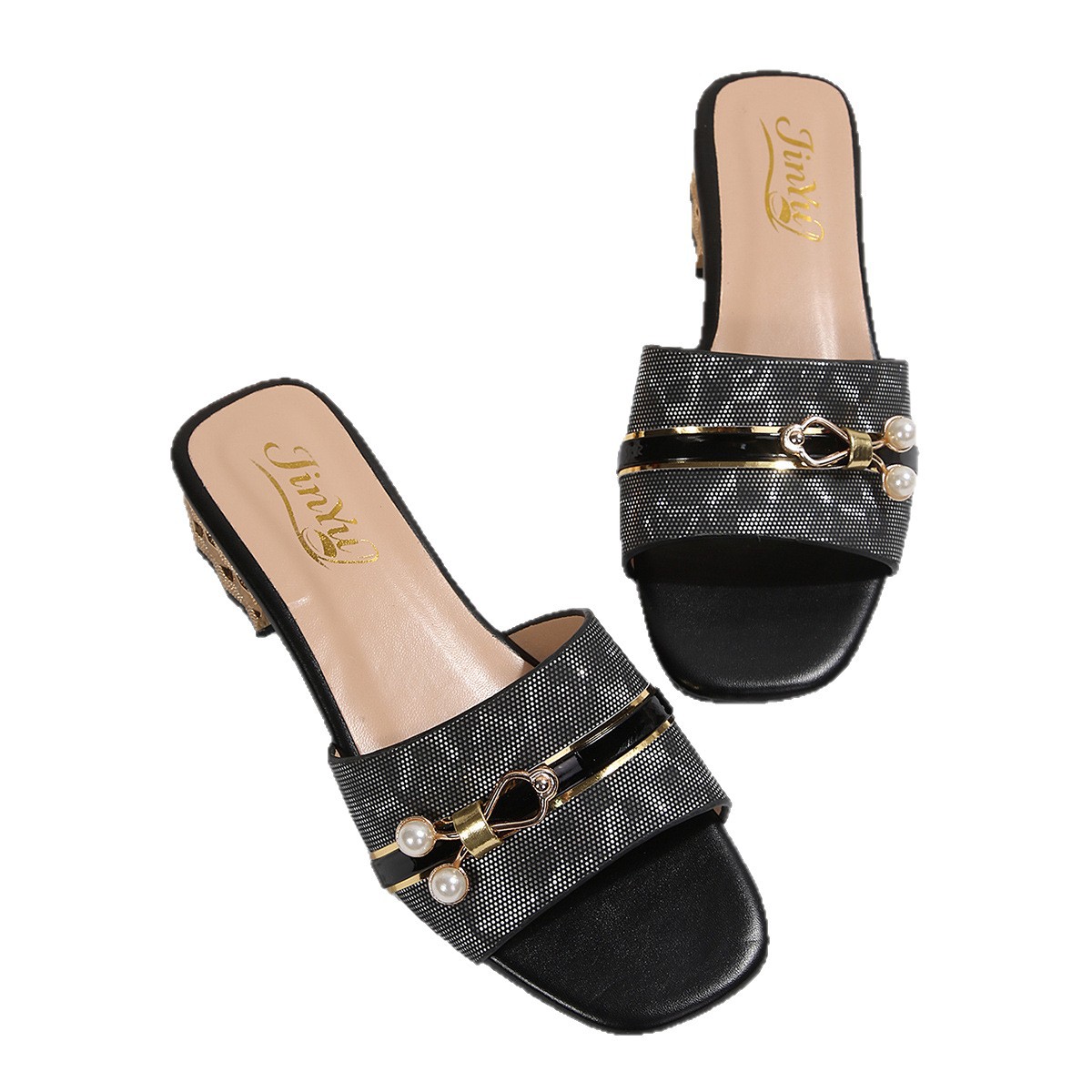 Sandalias de comercio exterior transfronterizas zapatillas de tacón alto para mujeres un pedazo de temperamento de metal decoración de hebilla cuadrada sandalias