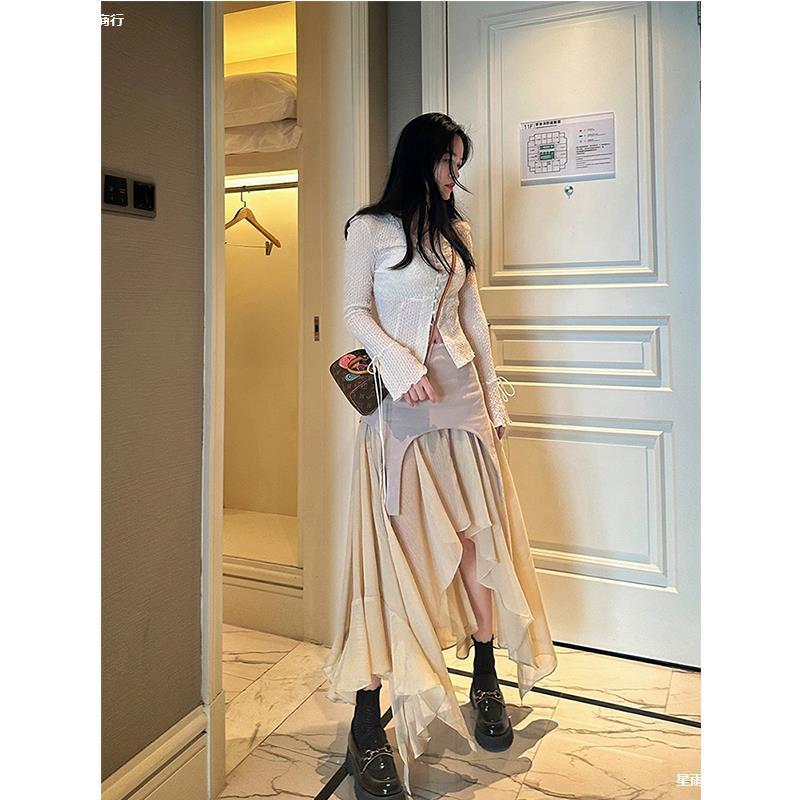荷叶边高腰不规则半身裙女2025新款夏辣妹长裙防走光裤裙|undefined