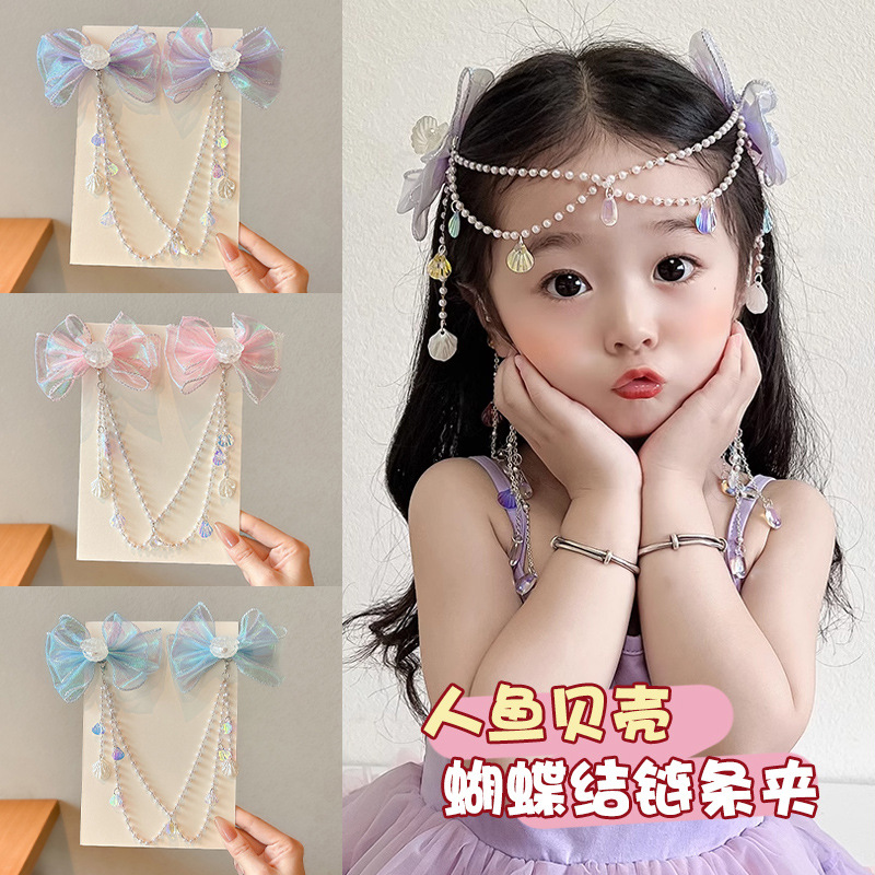 Niños sirena de perlas brocas de cabello de cadena de frente perlas niñas perlas bordas arcos adornos de cabello mariposa conchas pendientes