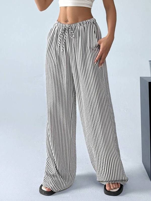 Amazon ebay AliExpress ヨーロッパとアメリカの女性のストライプワイドレッグパンツルーズハイウエスト調節可能な巾着カジュアルパンツ|undefined