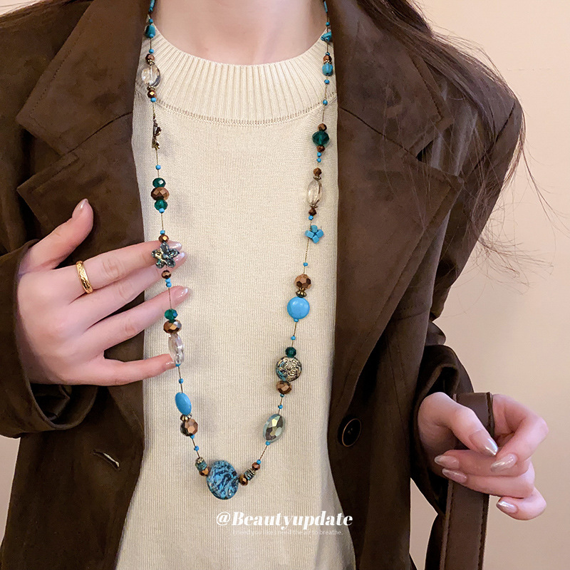 Collar con cuentas apiladas de estilo de piedra artificial transfronteriza, cadena de suéter de diseño de nicho de estilo étnico femenino, joyería de moda de alta gama