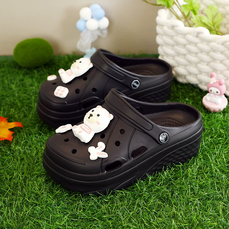 Летние сабо Crocs-стиля на платформе, повседневные милые нескользящие сабо-мюли, высота подъема, женский стиль, для улицы, с малыми мишками