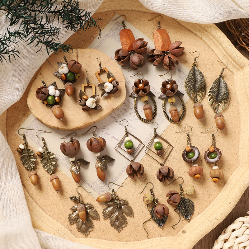 retro mori style natural plant ear rings handmade creative niche acorn fruit ear studs long fringe earrings female
