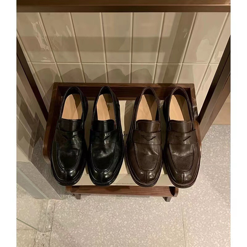 Cowhide Version ~ Soft Retro Slip-on Leather Loafers Women's Thick Heel British Style Small Leather Shoes Oxford Shoes Single Shoes