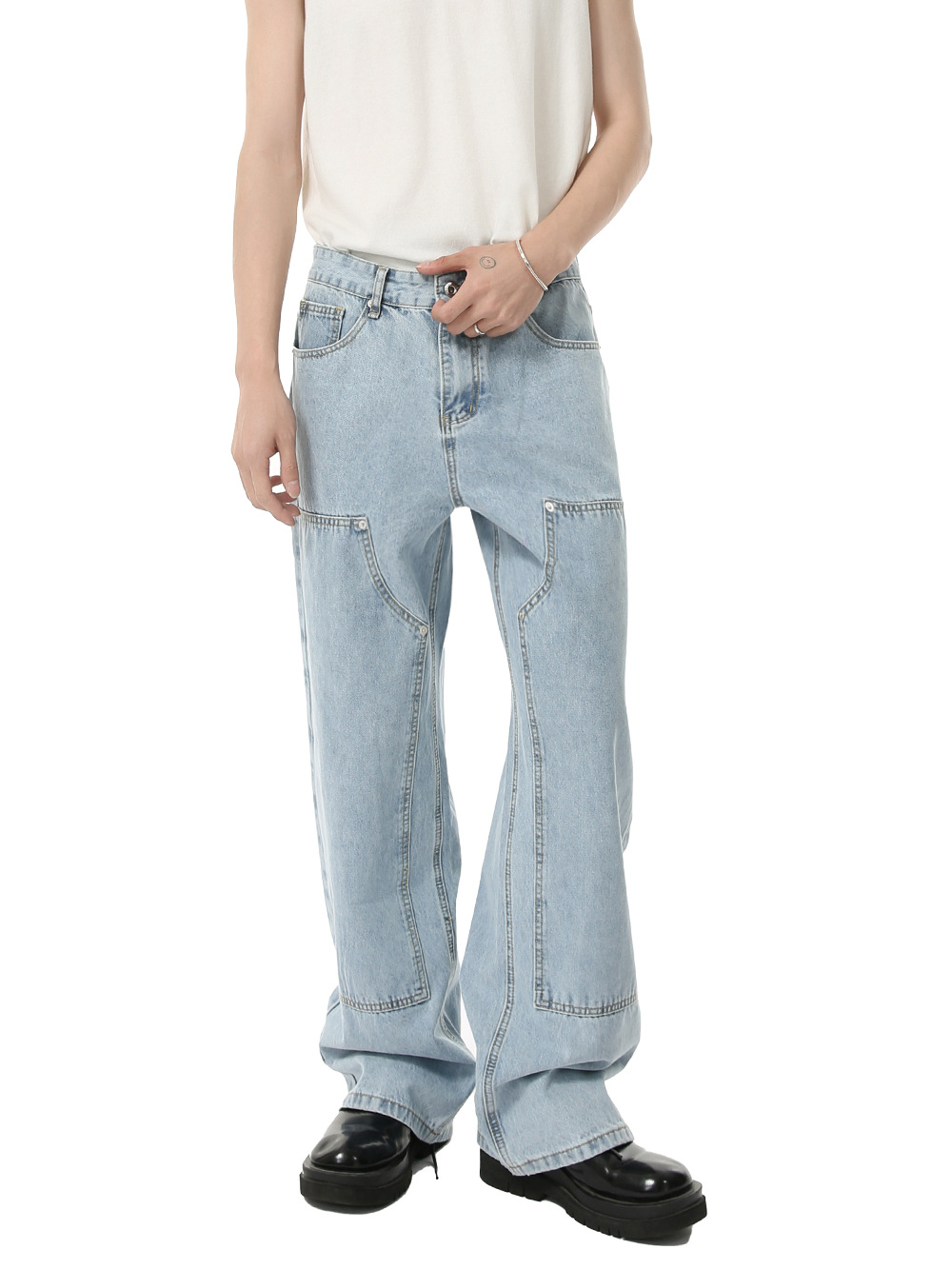 MTLCLOTHES Ropa de hombre | Versión coreana de cuatro estaciones de deconstrucción de línea abierta azul claro Pantalones vaqueros sueltos lavados rectos de moda