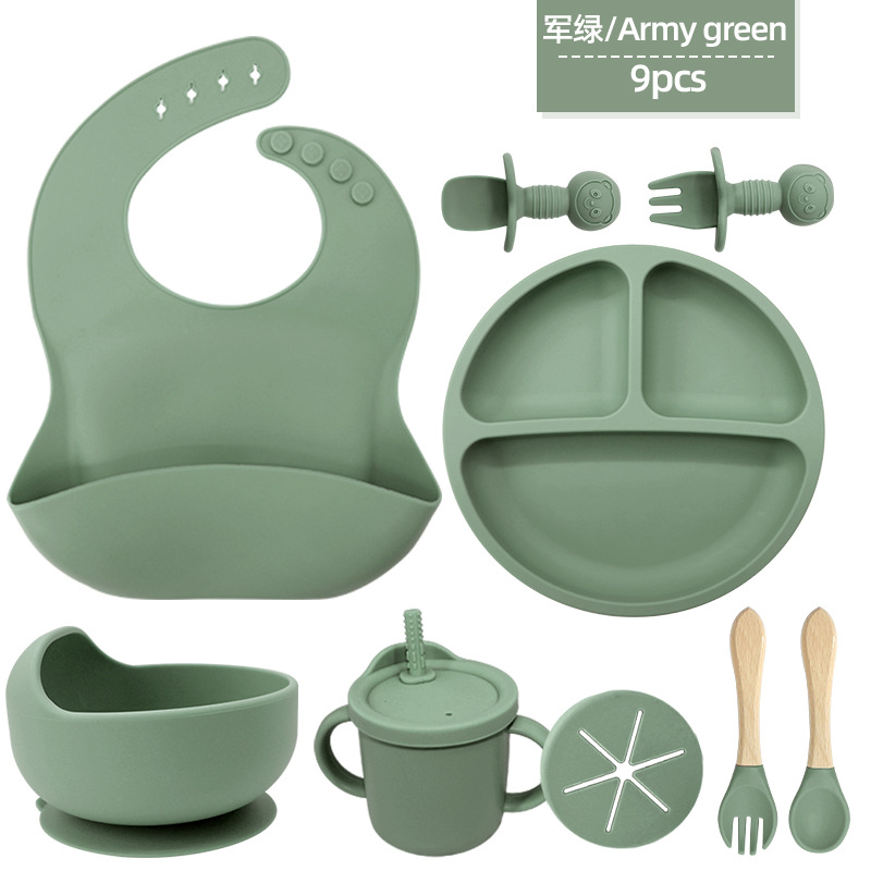 Juego de vajilla de silicona para niños Tazón de alimentación de grado alimenticio para bebés Taza de pajita molar para bebé