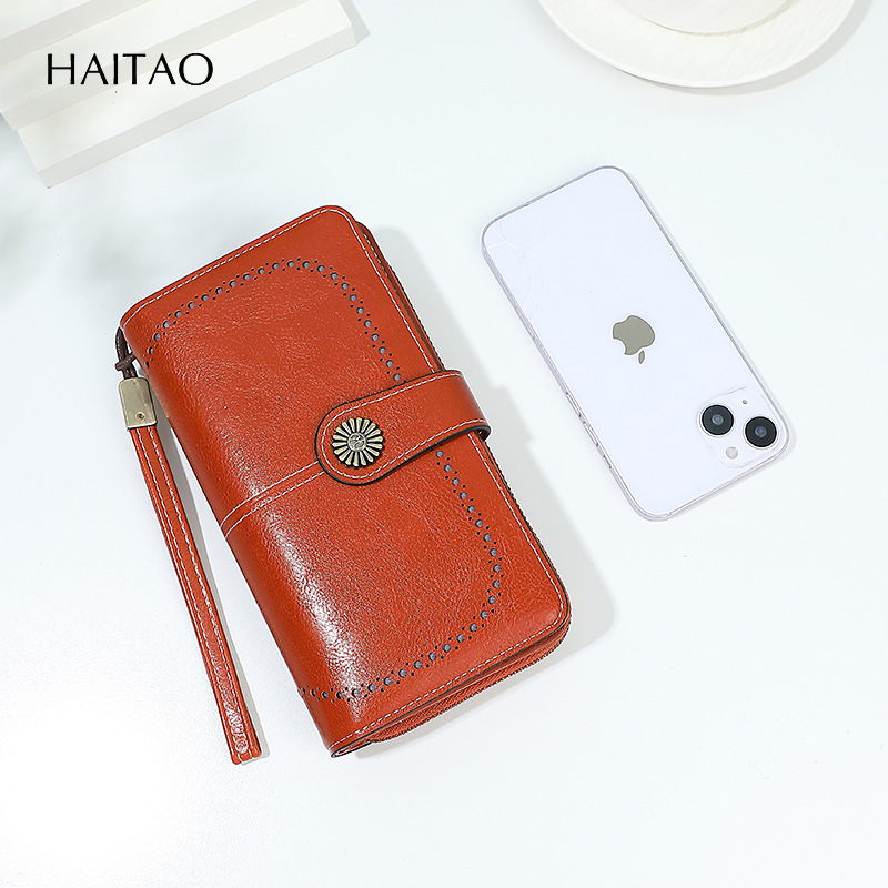 2025 bolso transfronterizo de cuero de aceite con cremallera larga para teléfono móvil comercio exterior nuevo monedero hueco moda femenina triple mano