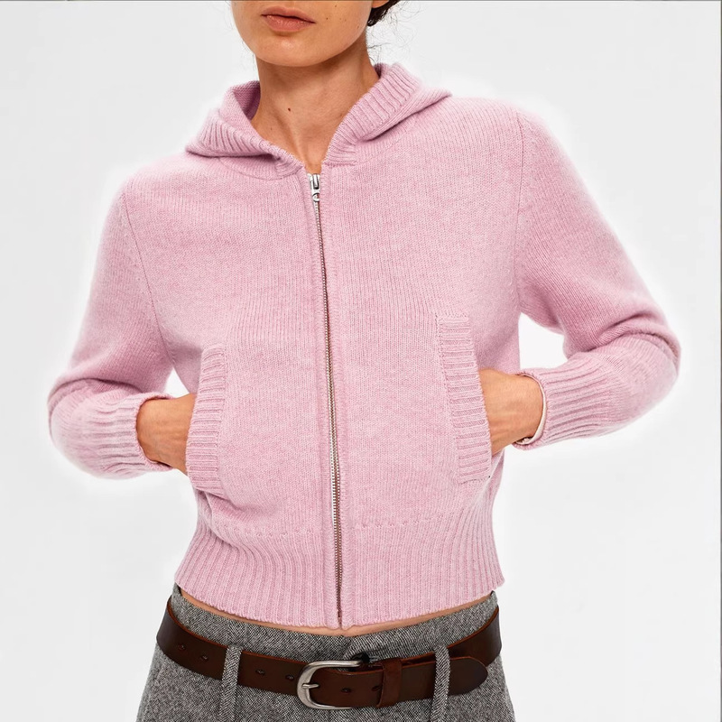 Northbutsouh Ribbed Patchwork Front Pocket Zipper Hooded Short Knit Jacket Northbutsouh Ribbed Patchwork Front Pocket Zipper Hooded Short Knit Jacket