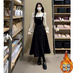 大码法式复古假两件连衣裙新款秋冬MM藏肉显瘦裙子宽松减龄A字裙