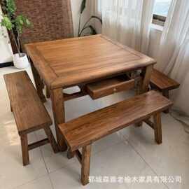 老榆木方桌实木茶桌八仙桌组合复古民宿风化原木长凳商用四方餐桌
