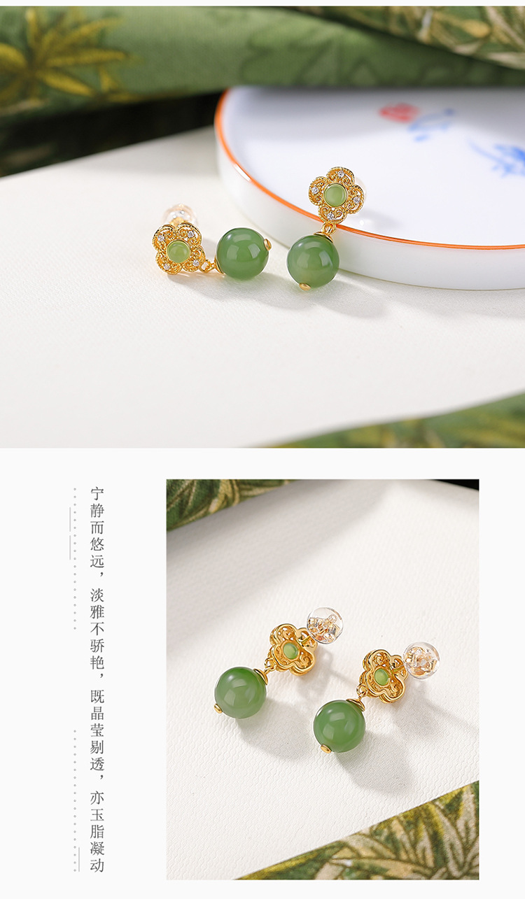Bông tai bạc S925 mạ vàng đính ngọc bích phong cách Trung Hoa cổ điển — Thanh Thủy Ngọc chi tiết 5