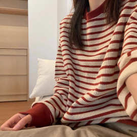 高质量条纹卫衣女2025新款韩版复古宽松慵懒长袖上衣秋冬打底上衣