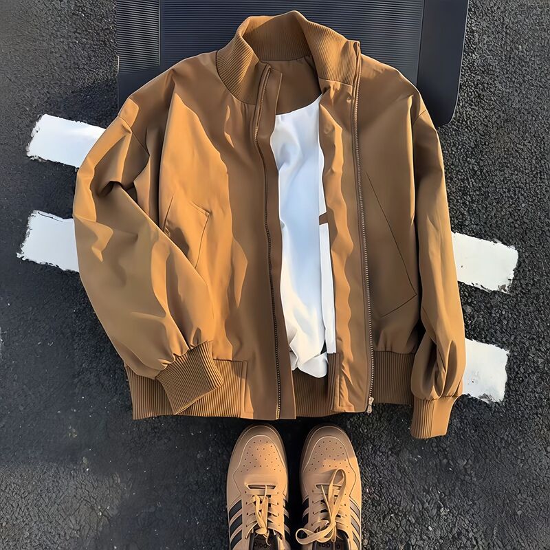 Maillard Brown Stand-Collar Jacket for Men, Spring Trendy Brand, Stylish Short Coat, Cleanfit American Baseball Jacket