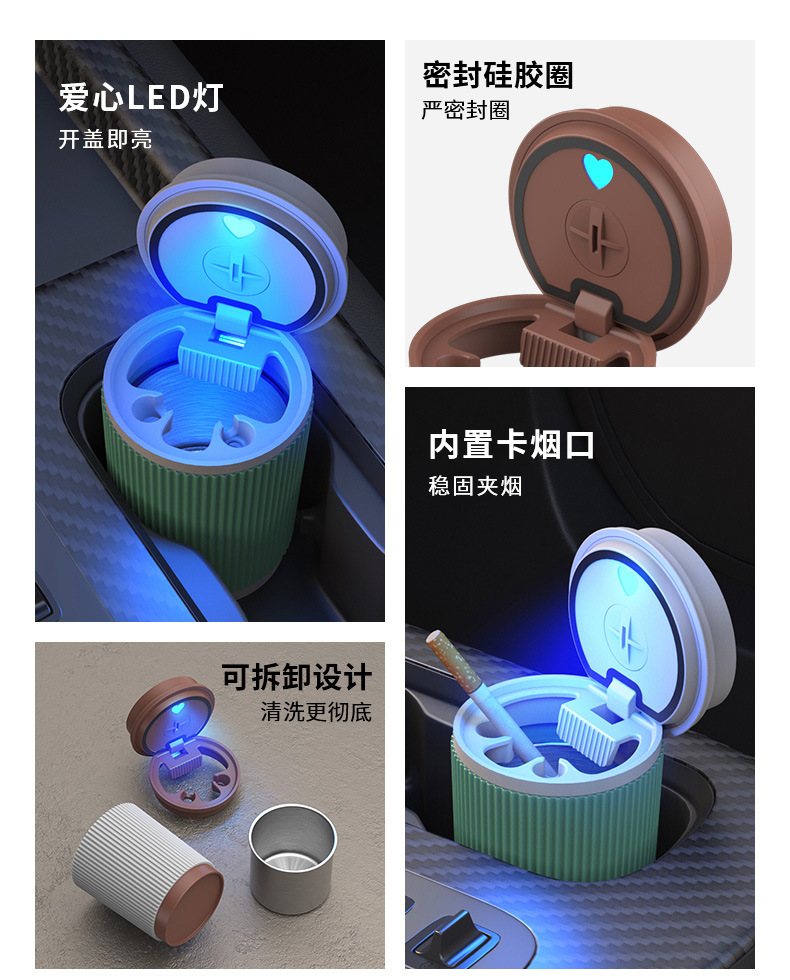 New Car Ashtray with Stainless Steel Liner Inside the Car, Anti-Fly Ash, High-End Led Light with Cover, Car Ashtray
