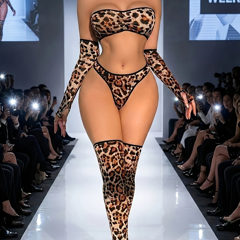 Cross-border foreign trade sexy leopard print milk silk patchwork lingerie set, including a four-piece set with a sleeveless top and pantyhose