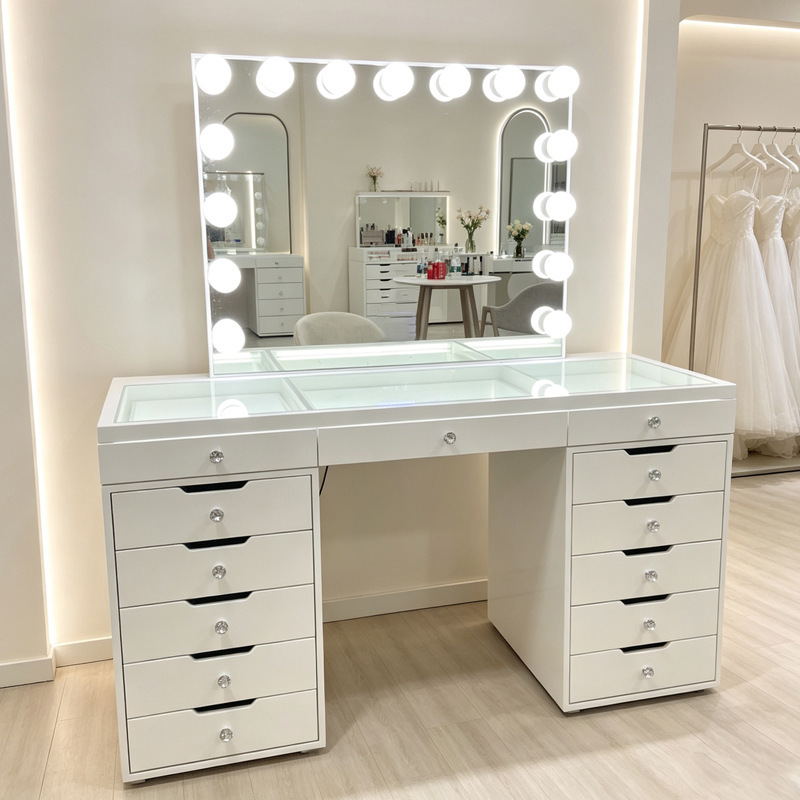 Foreign trade glass countertop LED light bulb mirror dressing table with multiple drawers, wedding dress influencer photo studio makeup table, factory wholesale Foreign trade glass countertop LED light bulb mirror dressing table with multiple drawers, wedding dress influencer photo studio makeup table, factory wholesale