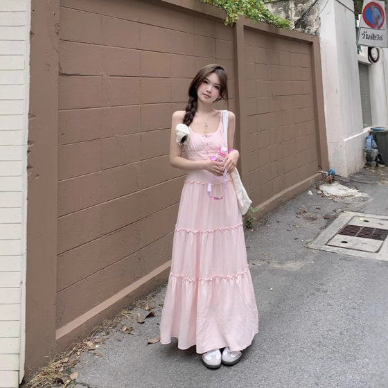 2025 Early Spring New Style Gentle French Style Pink Sling Dress Summer Women's Dress for Small Fairy Long Dress