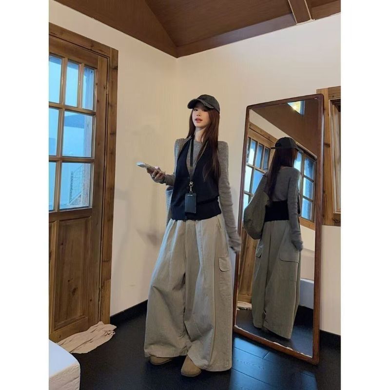 孕妇装早秋韩系穿搭一整套女秋季2025新款灰色长袖上衣阔腿裤套装|undefined