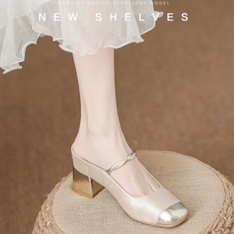 Retro summer shoes square toe low-cut heels