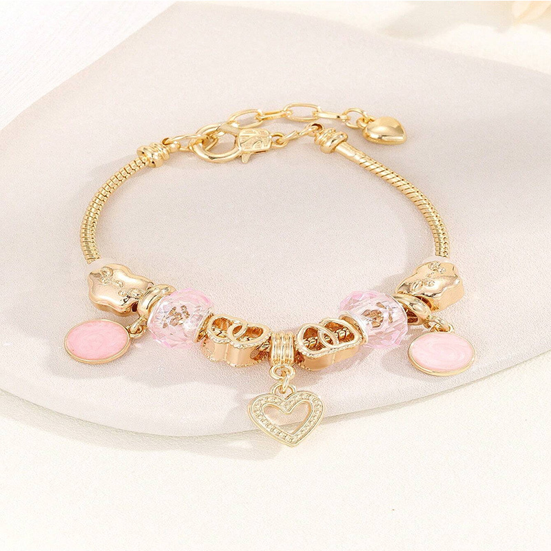 Panjia pulsera Dora DIY cuentas transfronterizas estriado colgante en forma de corazón cristal ajustable pulsera de cadena de cobre