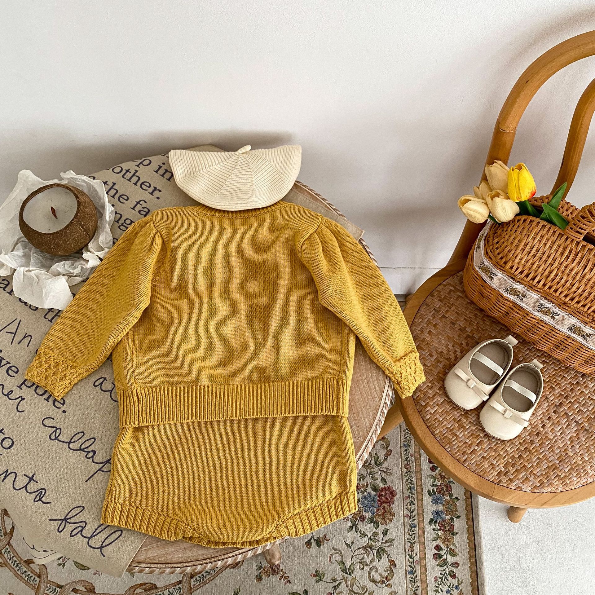 Proljetna 2024. žuta pletena jakna za dojenčad i djevojčice + jednobojni kaput na naramenice, set od 2 dijela dostupan za sortiranje_voghion.com