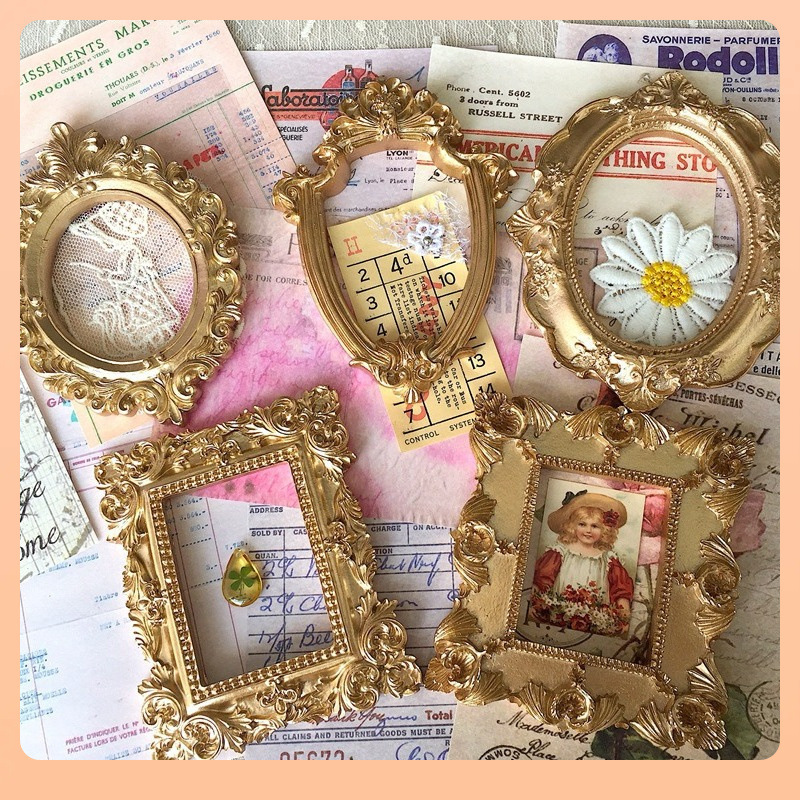 Ψins Style Golden European-Style Embossed Resin Small Photo Frame Empty Frame Carved Flower Journal Material Decoration Material for Photography