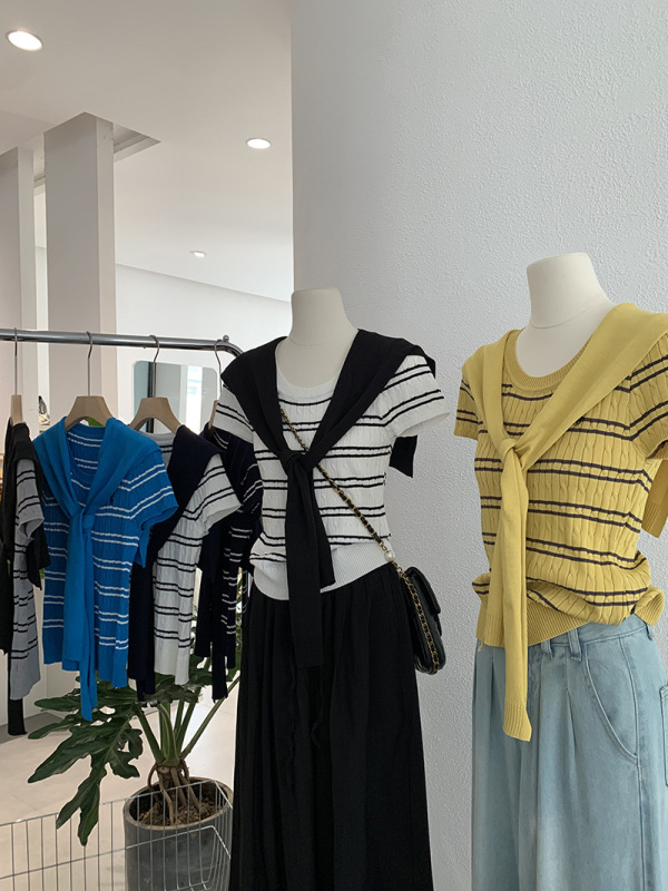 Omalai コントラストカラーラウンドネックストライプポニー刺繍クールシルク半袖セータートップとショール付き女性用 3847|undefined