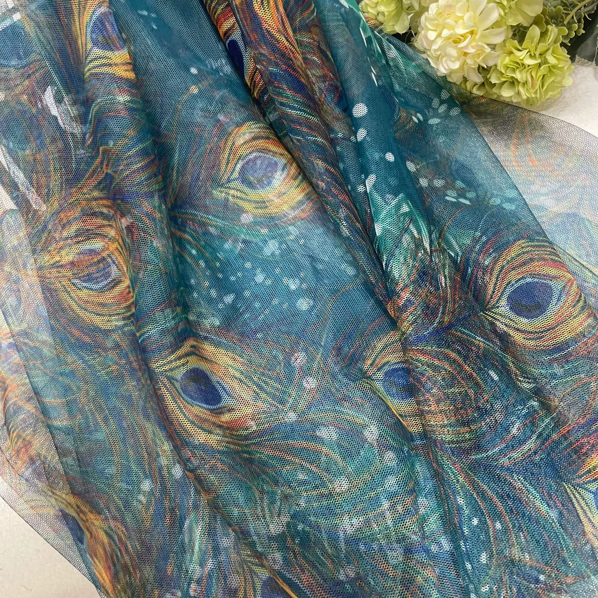 45A40 eye hexagonal soft mesh peacock feather printed mesh fabric Ancient style Hanfu ethnic costume mesh fabric