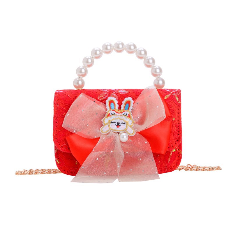 Pequeño viento rojo perfumado bolsos de Año Nuevo para niños y niñas lindos bolsos de perlas de arco 2025 nuevos bolsos de cadenas para niños