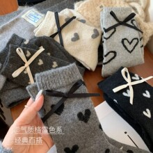 羊毛爱心蝴蝶结袜子女冬天中筒袜加厚加绒保暖羊绒冬天长堆堆袜