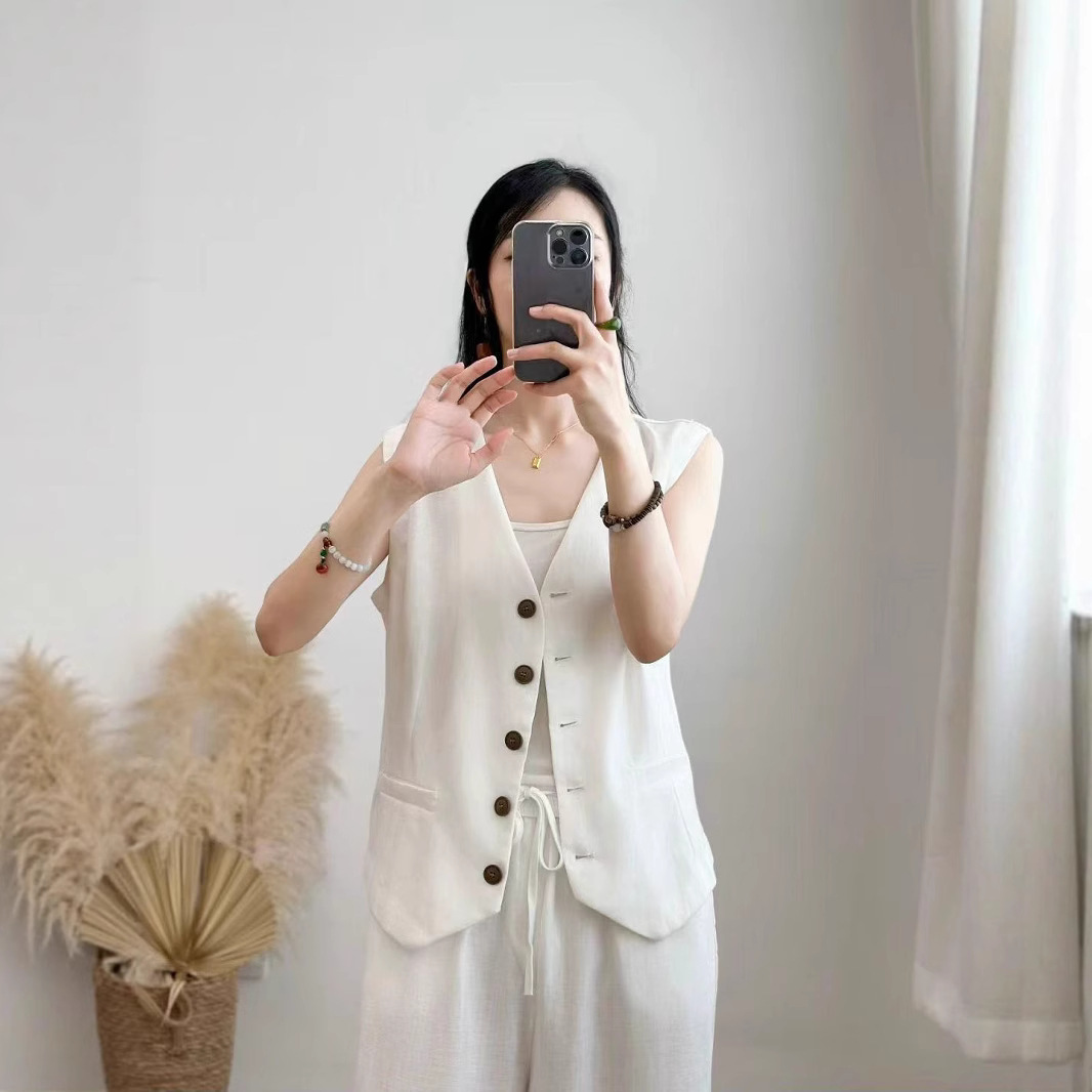 2025 New Summer Herringbone Linen Vest Sleeveless Loose College Style Korean Fashion Casual Women's Outerwear