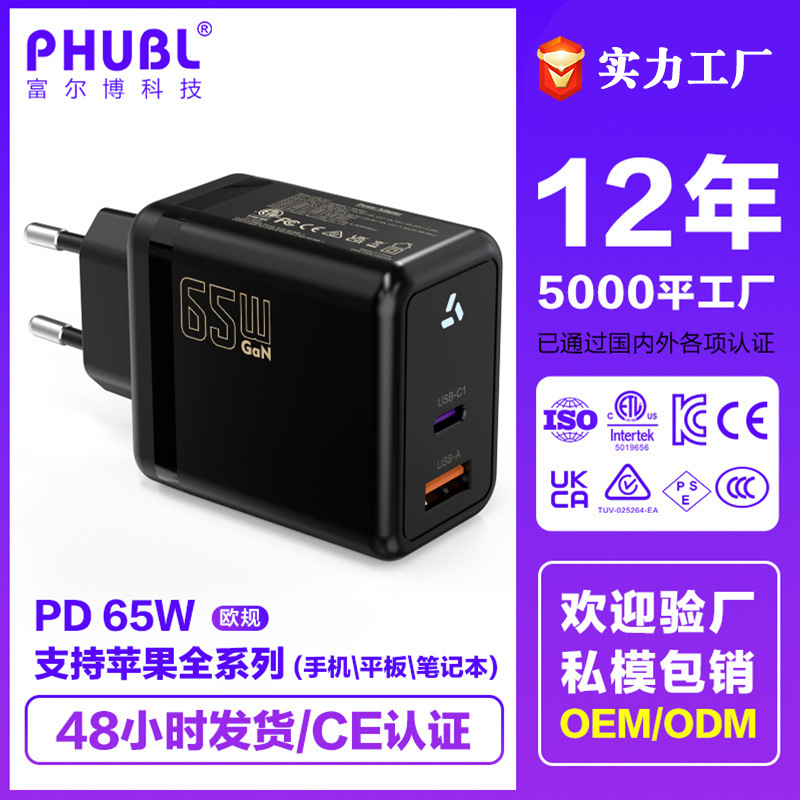 Cargador de nitruro de gallio Euro 65W A + C puerto CE certificado teléfono móvil tablet PC cabeza de carga rápida adaptador GaN