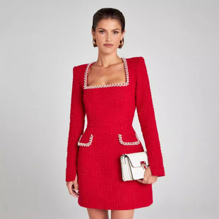 Independent Amazon 2024 European and American Temperament Slim Fit Slim U-Neck Long Sleeve Beads Small Chanel Style dress Women