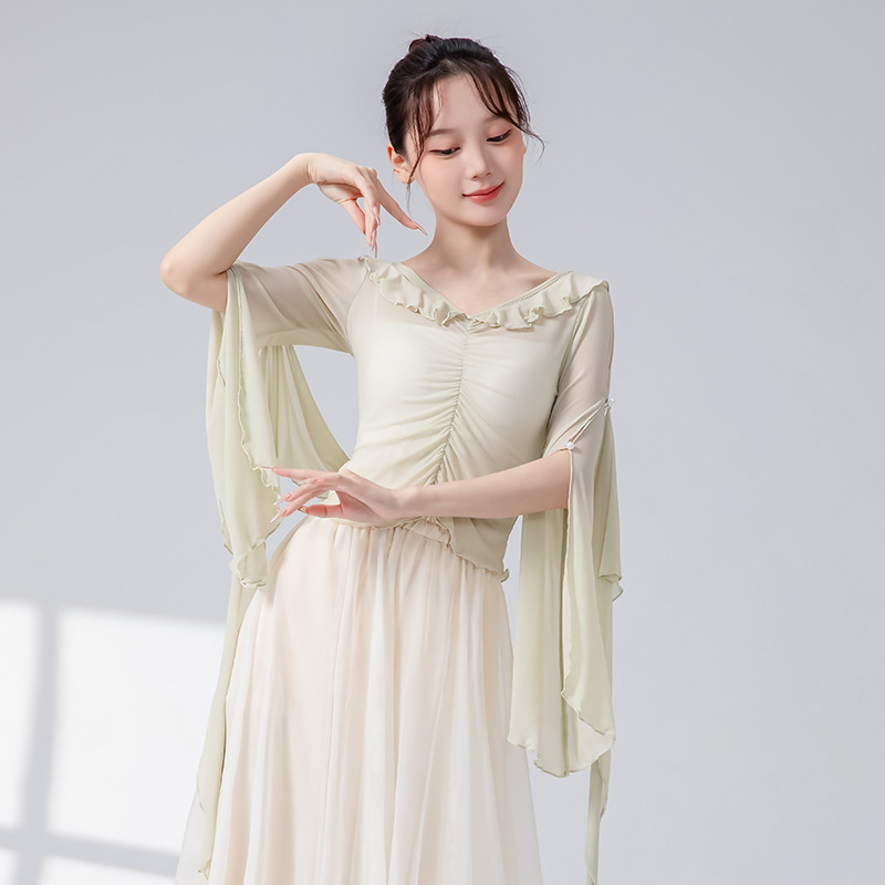 女性用クラシックダンス練習服、メッシュリボン、フリル、新しいスプライシングパフォーマンス服、トップス、エレガントな中国舞踊服|undefined