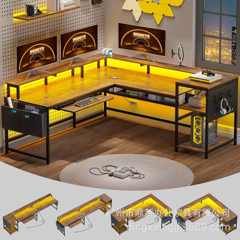L-Shaped Gaming Desk Desk with Power Socket Led Light Monitor Rack Keyboard Tray Storage Cross-Border
