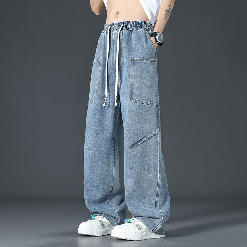 American Retro Deconstructed Pants Men's Summer Drawstring Elastic Waist Soft Jeans Multi-Pocket Washed Distressed Bootcut Pants