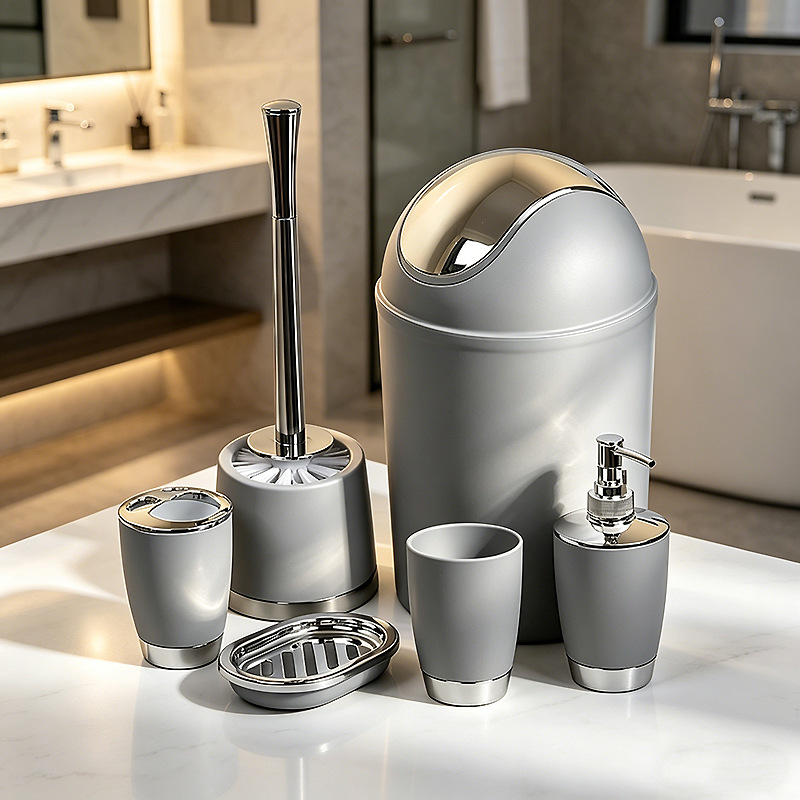 Kit de baño set de artículos de higiene set botella de desinfectante de manos cepillo de dientes taza cepillo de inodoro bote de basura set de 6 piezas image 5