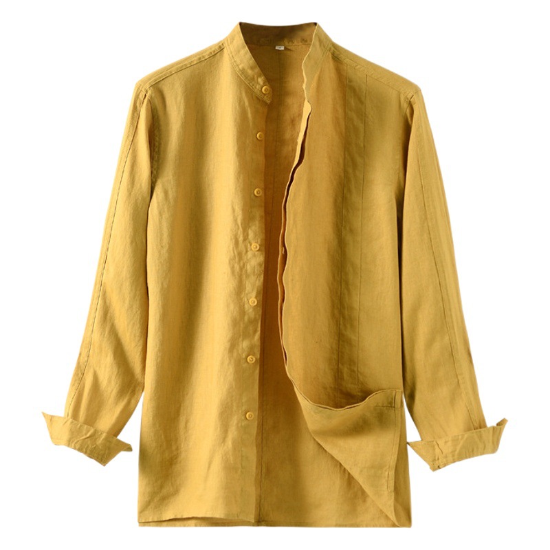 Primavera 2024 hombres de lino casual camisa suelta transpirable stand collar manga larga superior D028