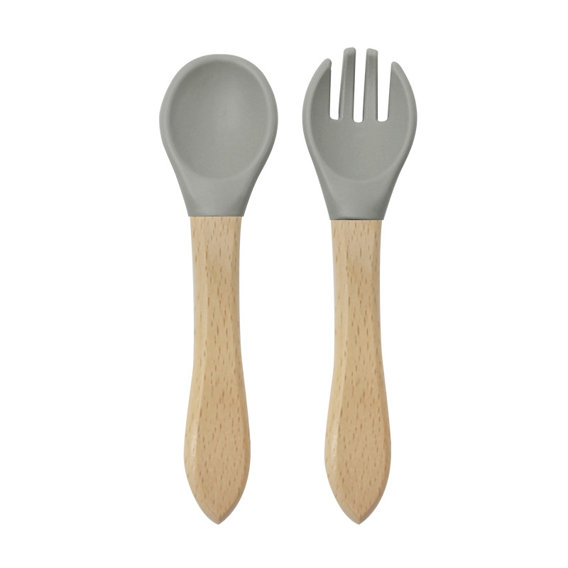 Bebé mango de madera tenedor cuchara traje de alimentación de los niños de madera mango tenedor cuchara conjunto cuchara de silicona tenedor bebé alimento suplemento tenedor cuchara traje image 16