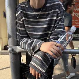 韩国设计师 美式复古休闲撞色条纹宽松长袖T恤上衣2025秋