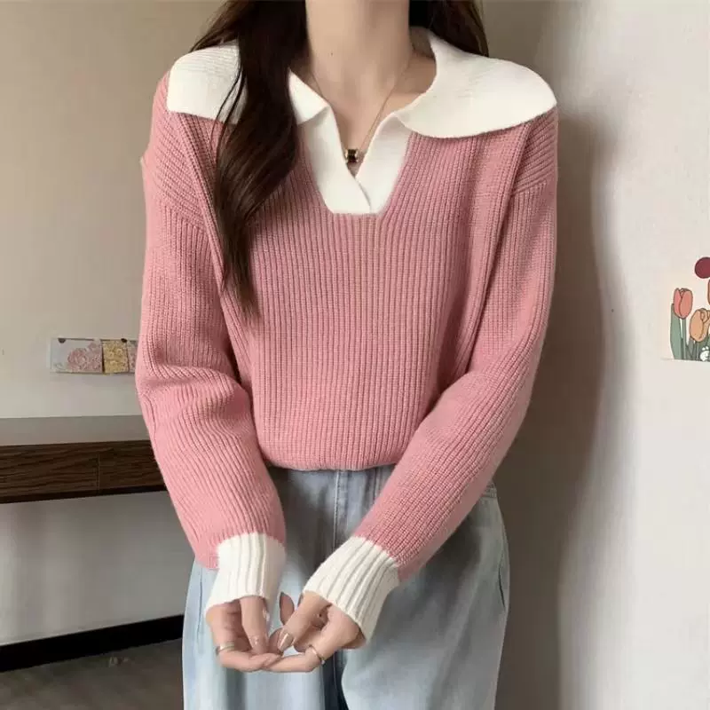 秋冬宽松学院风甜美粉色Polo领毛衣女内搭加厚短款针织打底衫上衣